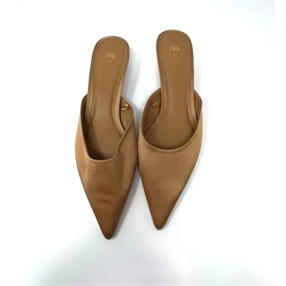Zara Tan Pointed Toe Satin Mules - Picture 2 of 7